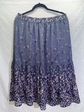 Studio West Tiered Ruffled Floral Print Sheer Overlay A-Line Midi Skirt